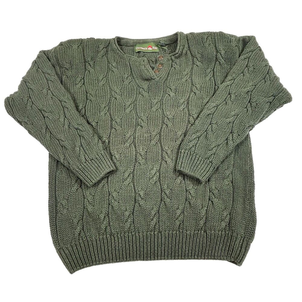 Vintage Outback Red Cable Knit Henley Sweater Women's Small Fisherman Green 90s